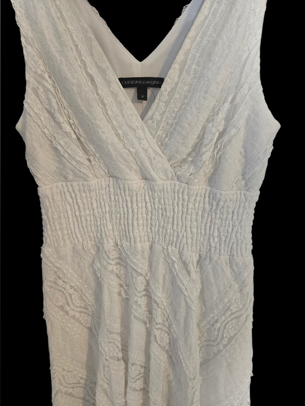 Women's White Eyelet V-Neck Dress Smocked Lace Beachy Resort Wedding Size 6 - Picture 4 of 10